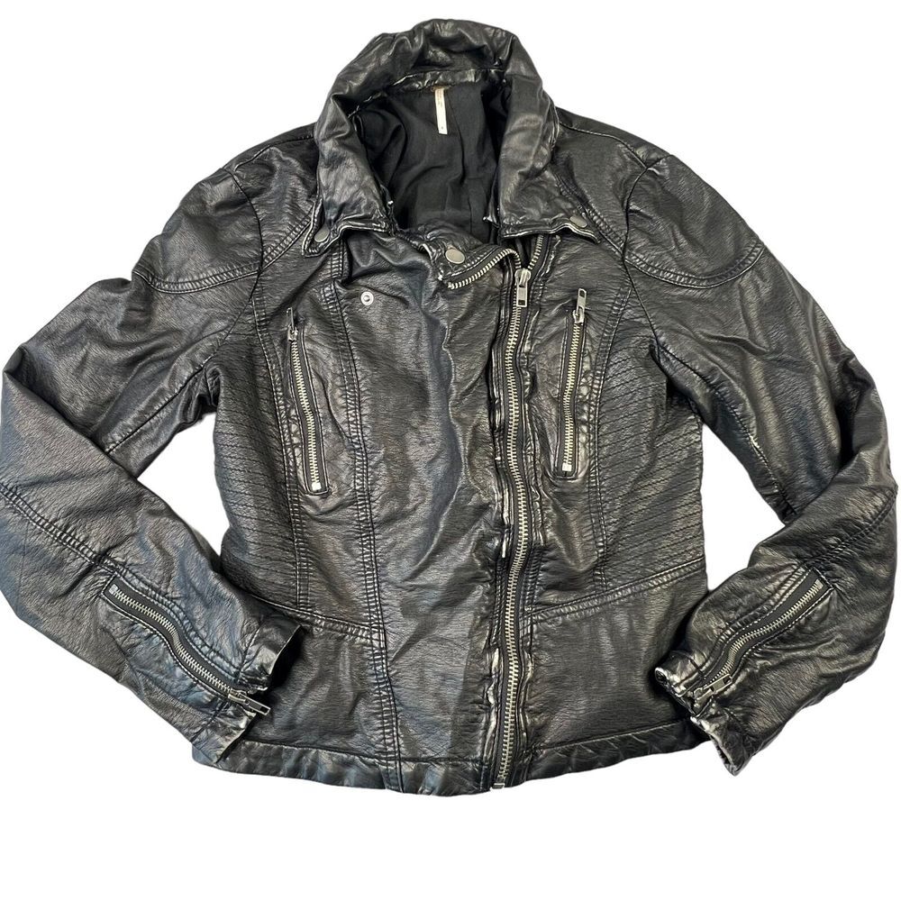 Free People Womens Faux Leather Moto Jacket Size‎ 8 Black Asymmetric Zip Pockets